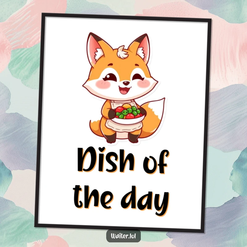Funny grinning fox in an apron proudly presents a colorful dish as a downloadable digital art print, humorous culinary decor.