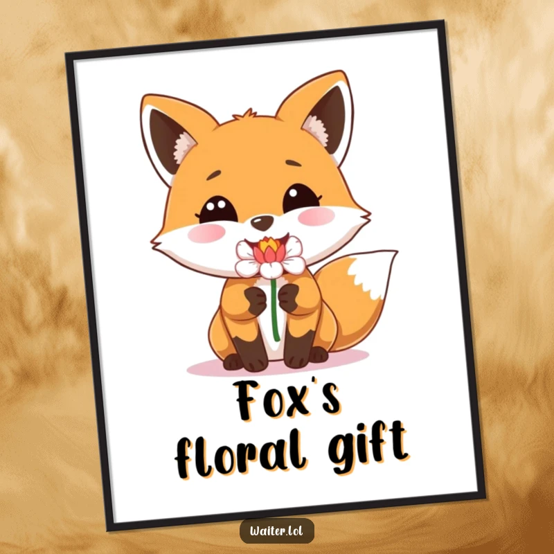 Funny digital art print of a happy fox with a beaming smile delivering a single perfect flower, for instant decor.