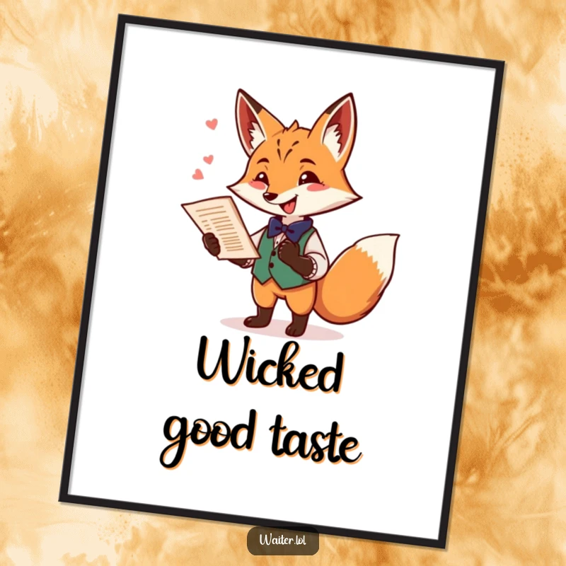 Funny fox waiter digital art showing a playful fox offering a menu with a flourish and a mischievous twinkle, for instant decor.