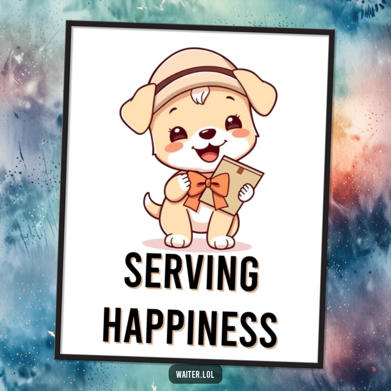 Funny digital art print of a giggling puppy wearing a hat and bow, proudly carrying a menu, capturing cheerful hospitality and undeniable cuteness for instant decor.