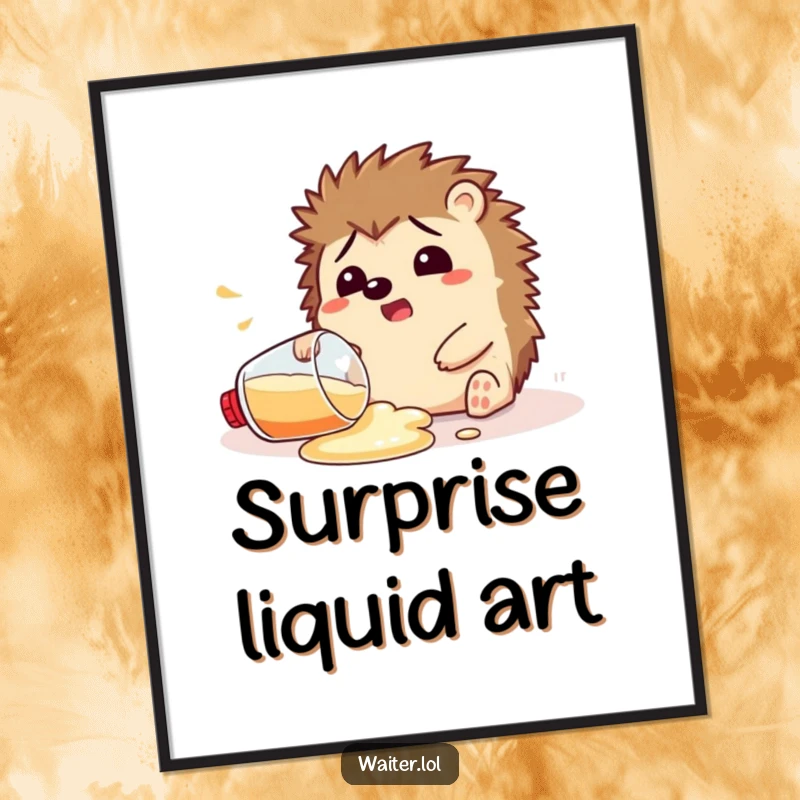Funny digital art print of a startled hedgehog humorously spilling a drink, perfect for instant wall decor.