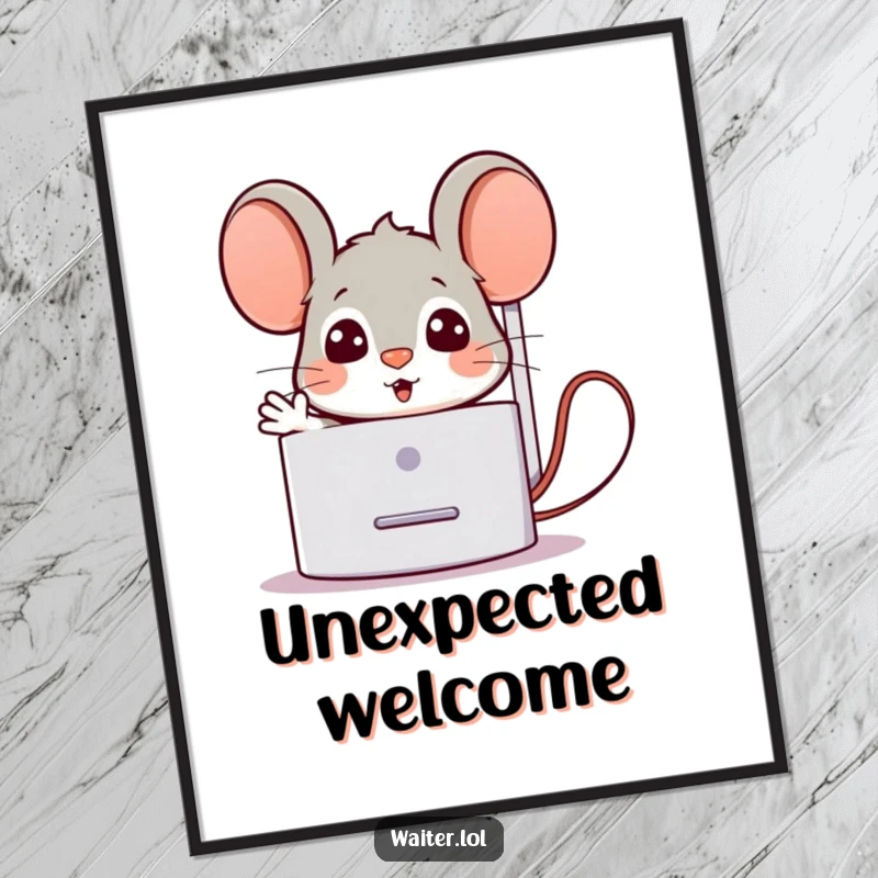 Funny Digital Art Print of a surprised cartoon mouse popping out from behind a napkin dispenser with a welcoming gesture, adding instant charm.