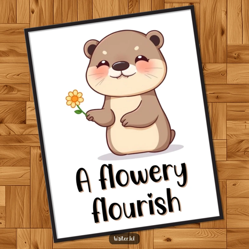 Funny otter digital art print, a giggling otter presenting a single, tiny flower with a flourish, instant download for decor.