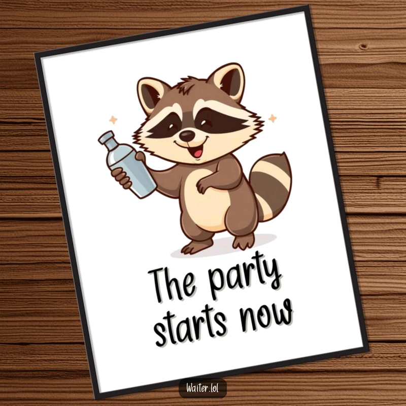Funny Raccoon Bartender Digital Art Print: A playful raccoon spins a cocktail shaker with energetic flourish, ready to party.