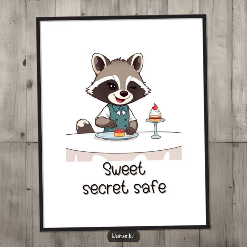 Funny Raccoon Waiter Digital Art: Winking raccoon waiter slides a tiny dessert across a table illustration.