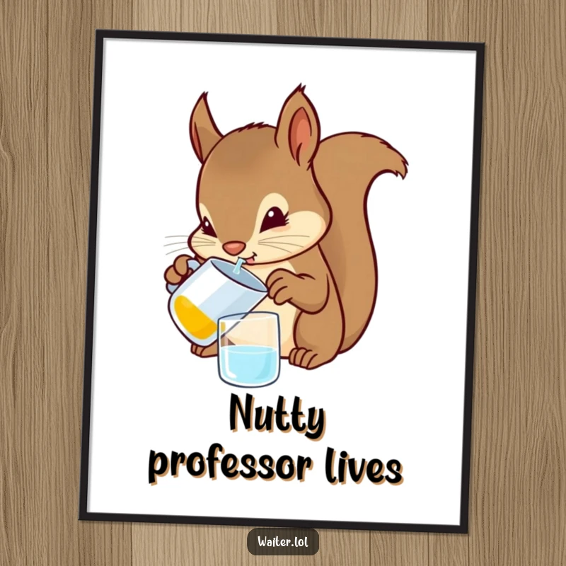 Funny Squirrel Bartender Digital Art Print: A high-resolution illustration of a determined squirrel carefully pouring a drink from a tiny pitcher humorously.