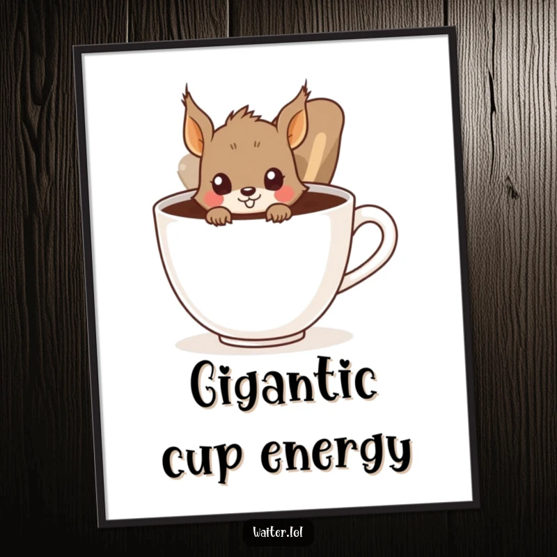 Funny Squirrel Digital Art Print: A curious squirrel peeks from behind a giant coffee cup, a humorous and downloadable artwork.