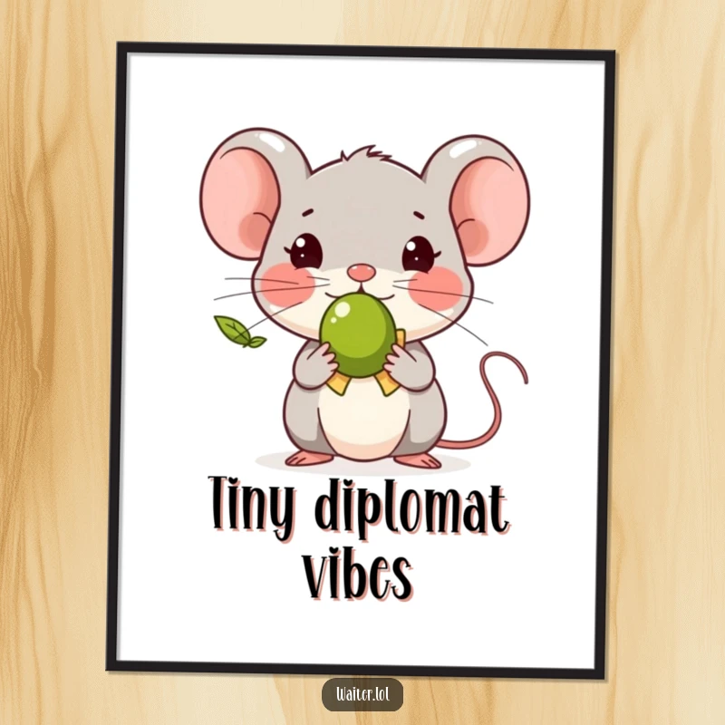 Funny tiny mouse character bowing politely while offering one olive, downloadable as a charming digital art print.