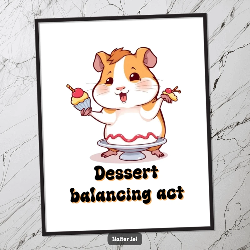 Funny digital art print of a wobbly guinea pig attempting to balance a dessert with flair, perfect for adding instant humorous wall decor.