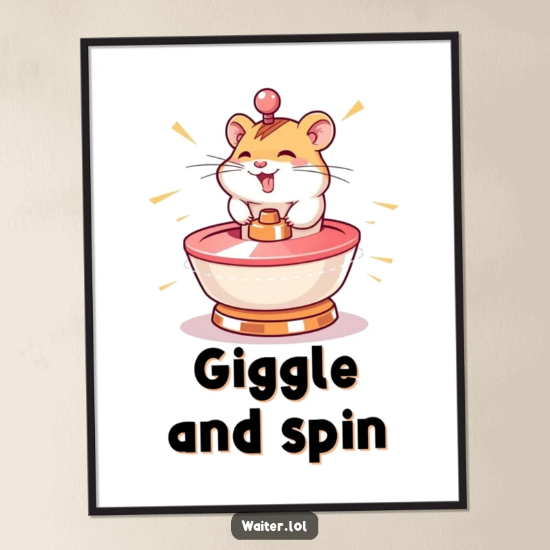 Funny hamster digital art print of a character spinning a lazy susan at lightning speed, ideal for energetic and humorous decor.