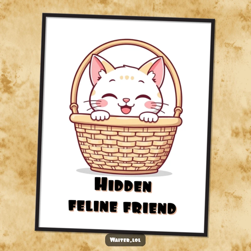 Funny digital art print of a smiling cat peeking from behind a napkin basket, perfect for adding instant humorous wall decor.