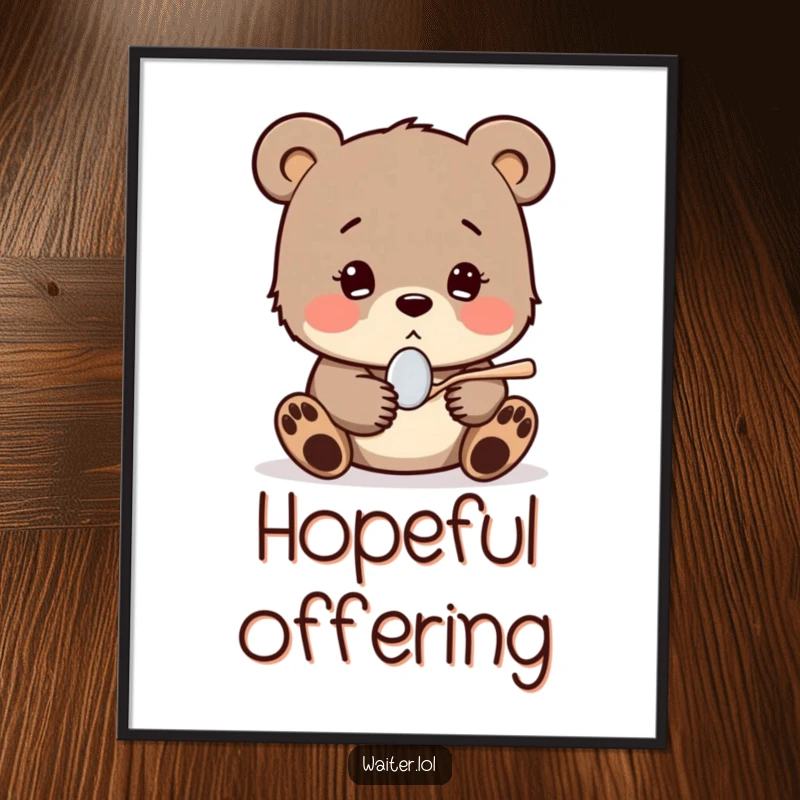 Funny digital art print of a shy bear cub shyly offering a tiny spoon with a hopeful expression, capturing endearing sweetness and optimism for instant decor.