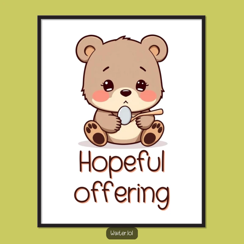 Funny Shy Bear Cub Spoon Digital Art: Instant Hopeful Decor for a Sweet Space