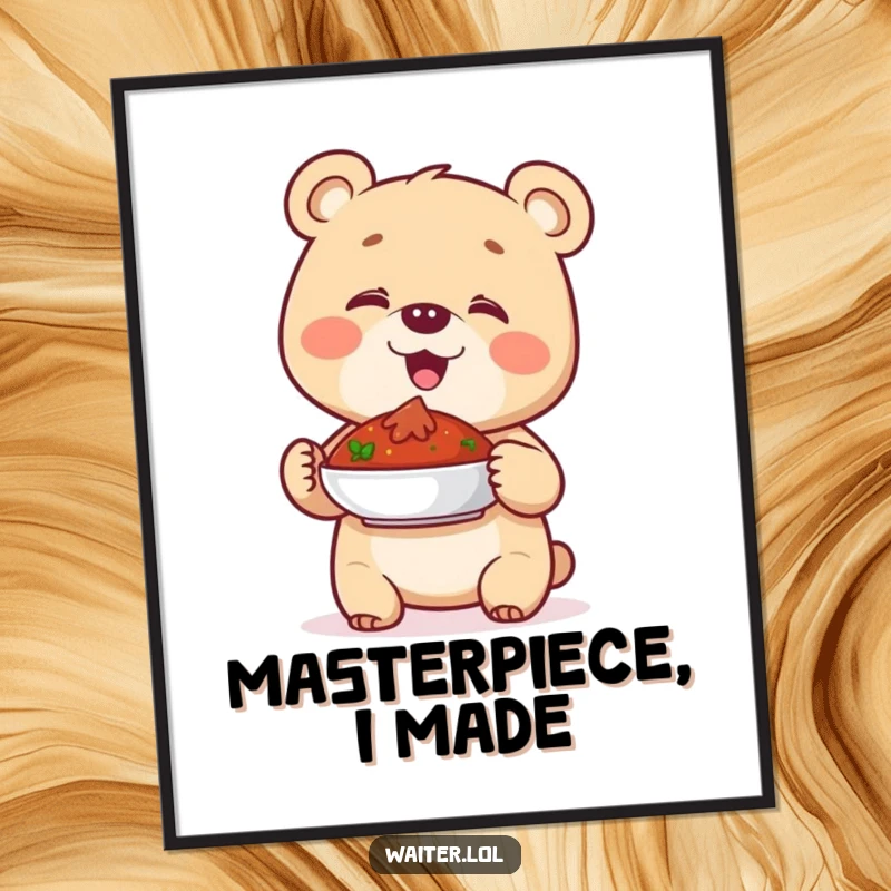 Funny digital art print of a giggling bear cub proudly presenting a dish, capturing happiness and pride visually.