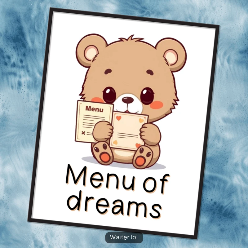 Funny bear cub digital art print, hopeful and polite, offering a small menu, perfect for heartwarming wall decor.