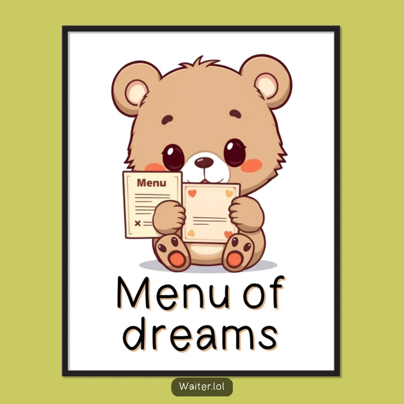 Funny Bear Cub Menu Digital Art: Hopeful & Cute Printable for Walls Gift