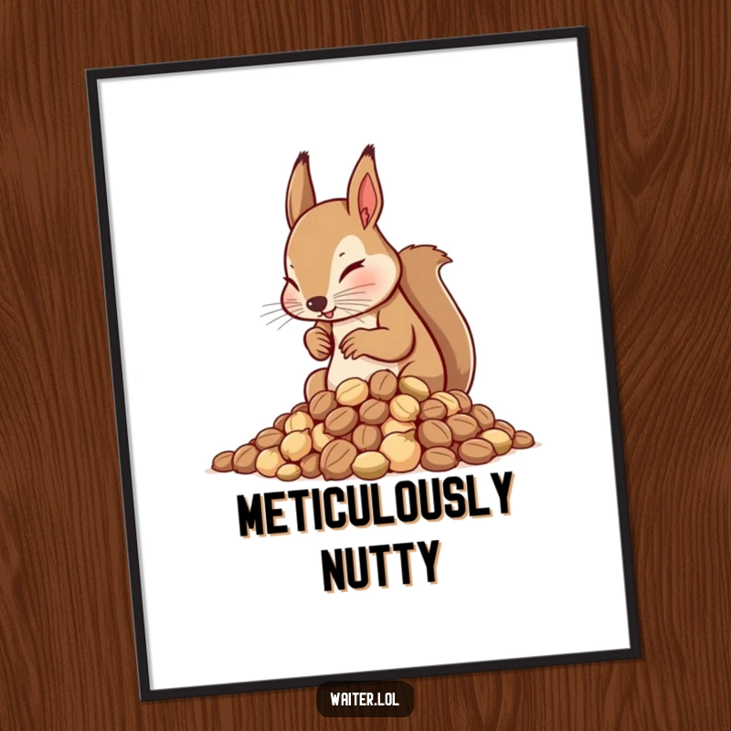 Funny Squirrel Waiter Digital Art: Determined squirrel waiter arranging a pile of nuts illustration.