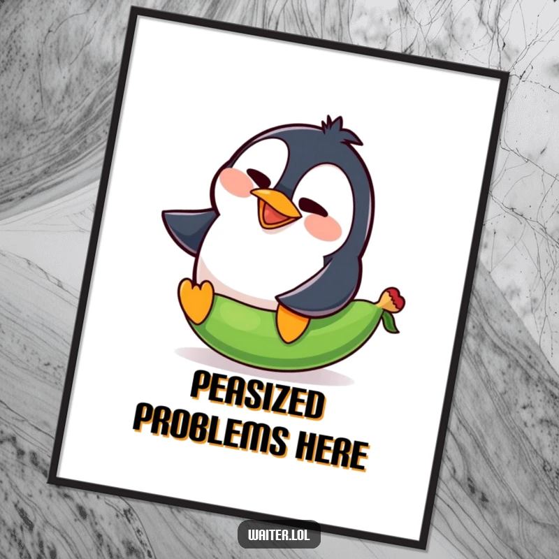 Funny penguin digital art print of a goofy penguin comically slipping on a stray pea with a loud squawk.