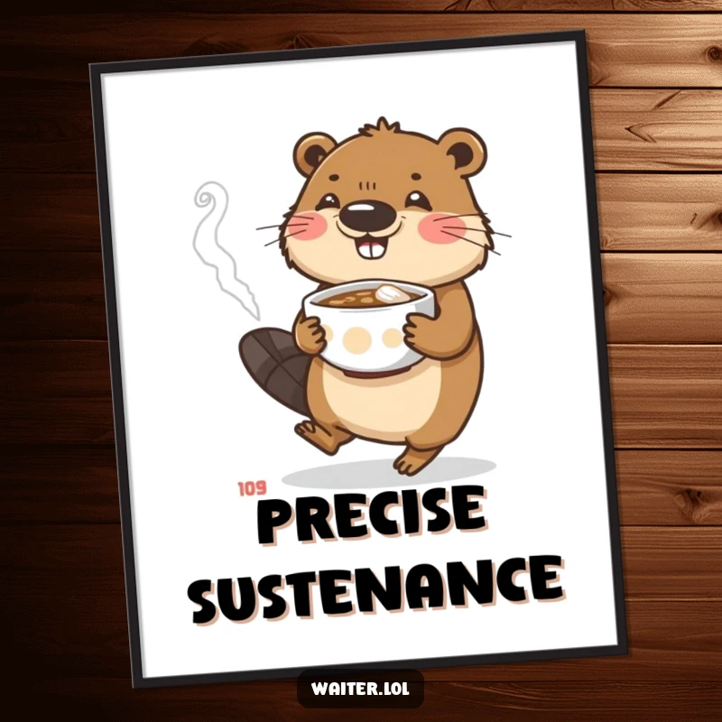 Funny beaver digital art print of a character carefully carrying a steaming bowl, ideal for dedicated and warm humor.