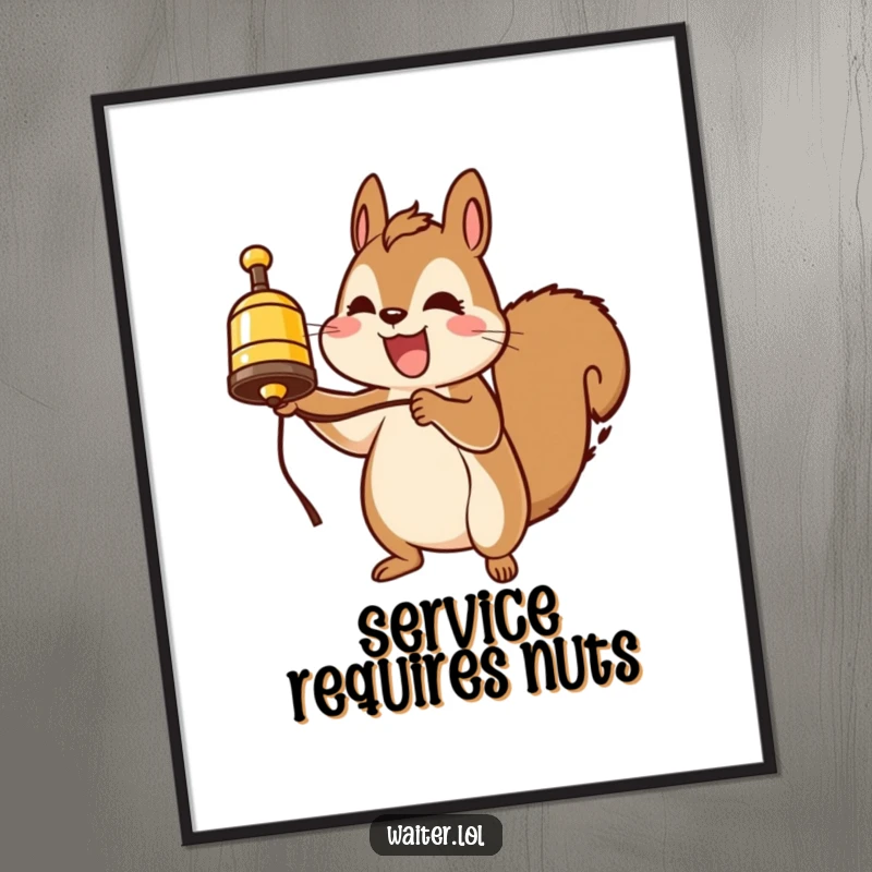 Funny squirrel service bell digital art print, a cheerful squirrel ringing a bell, vibrant and humorous artwork for instant download.