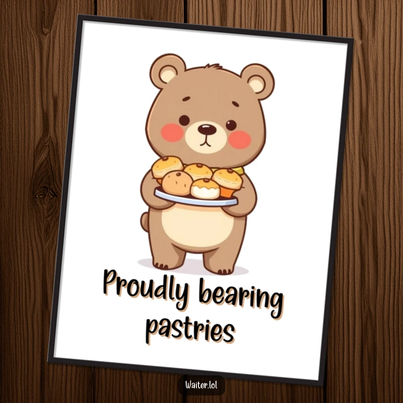 Funny Bear Pastry Digital Art: A proud bear carefully carries pastries, perfect for adding a sweet touch to any decor.