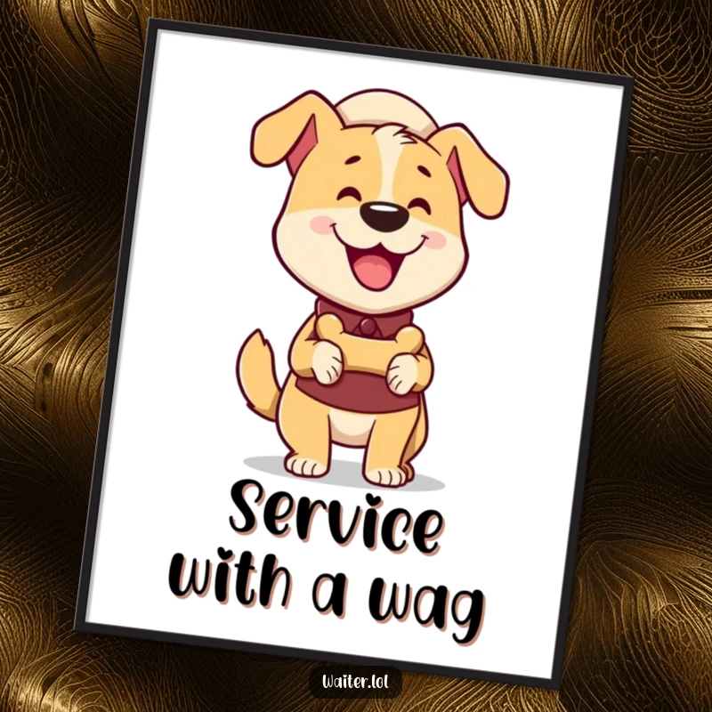 Funny Dog Waiter Digital Art: Happy dog waiter wagging tail enthusiastically delivers a bone-shaped treat illustration.