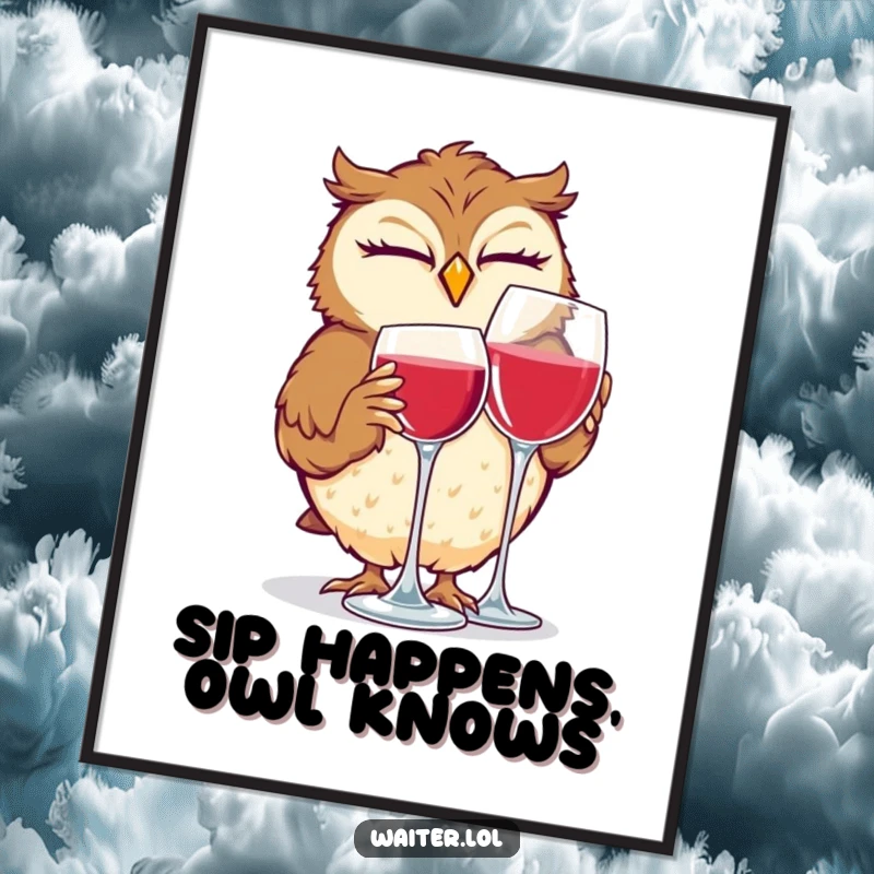 Funny digital art print of a giggling owl winking while polishing a wine glass, providing instant humorous decoration.