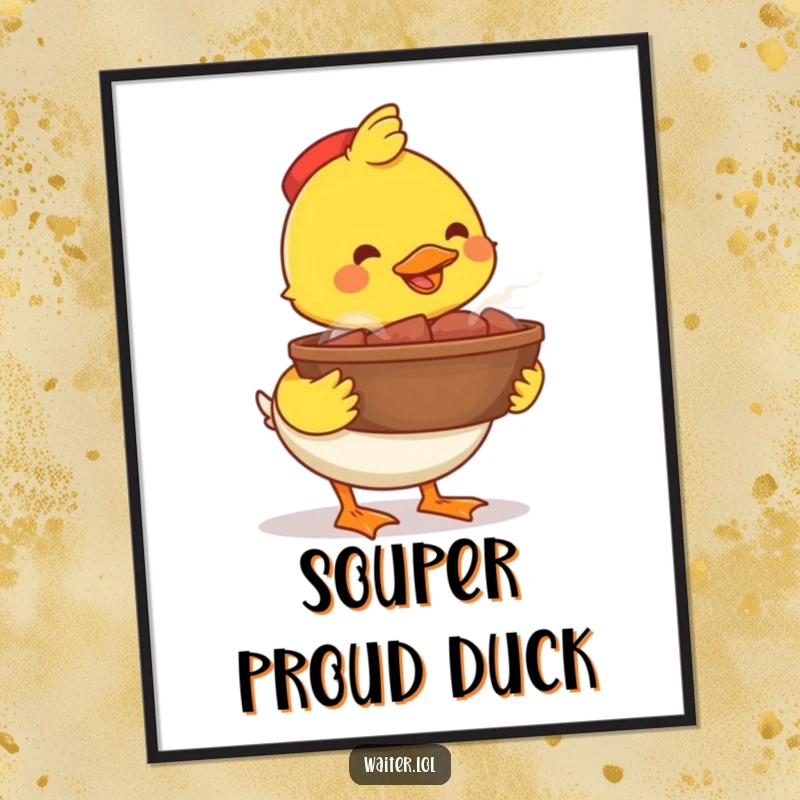 Funny happy duck bowl digital art print, a proud duck carrying a steaming bowl, vibrant and humorous artwork for instant download.