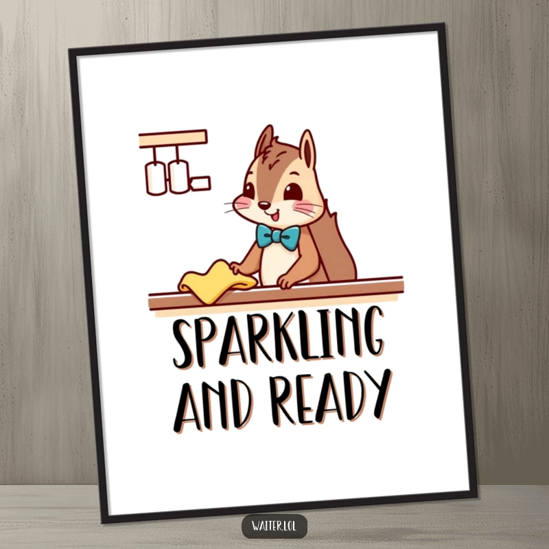 Funny Squirrel Cleaner Digital Art Print: A squirrel in a bowtie politely wipes a counter, bringing neatness and charm.