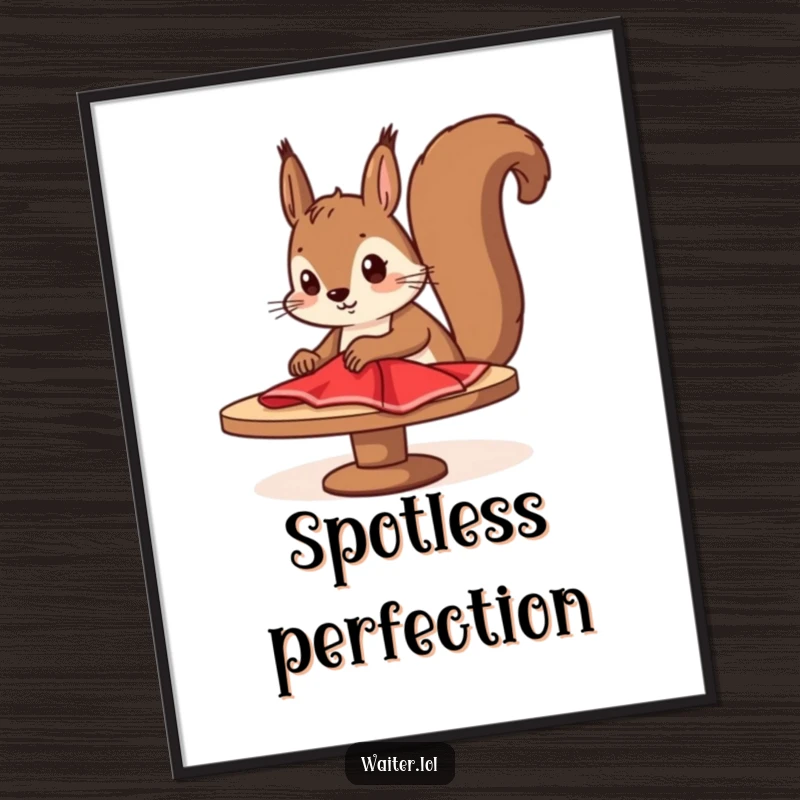 Funny squirrel cleaner digital art print of a determined cartoon squirrel diligently wiping a table with a red cloth, neat and humorous.