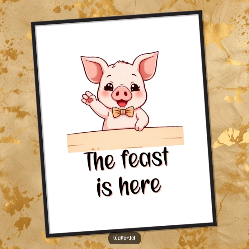 Funny Piglet Waiter Digital Art Print: A piglet in a bowtie enthusiastically gestures towards a table, ready to serve charm.