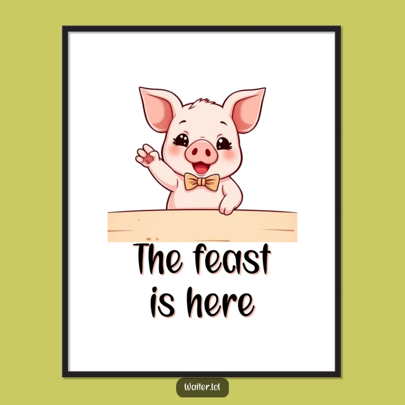Funny Piglet Waiter Digital Art: Enthusiastic Bowtie Piggy Wall Decor, Instant Funny Gift Download