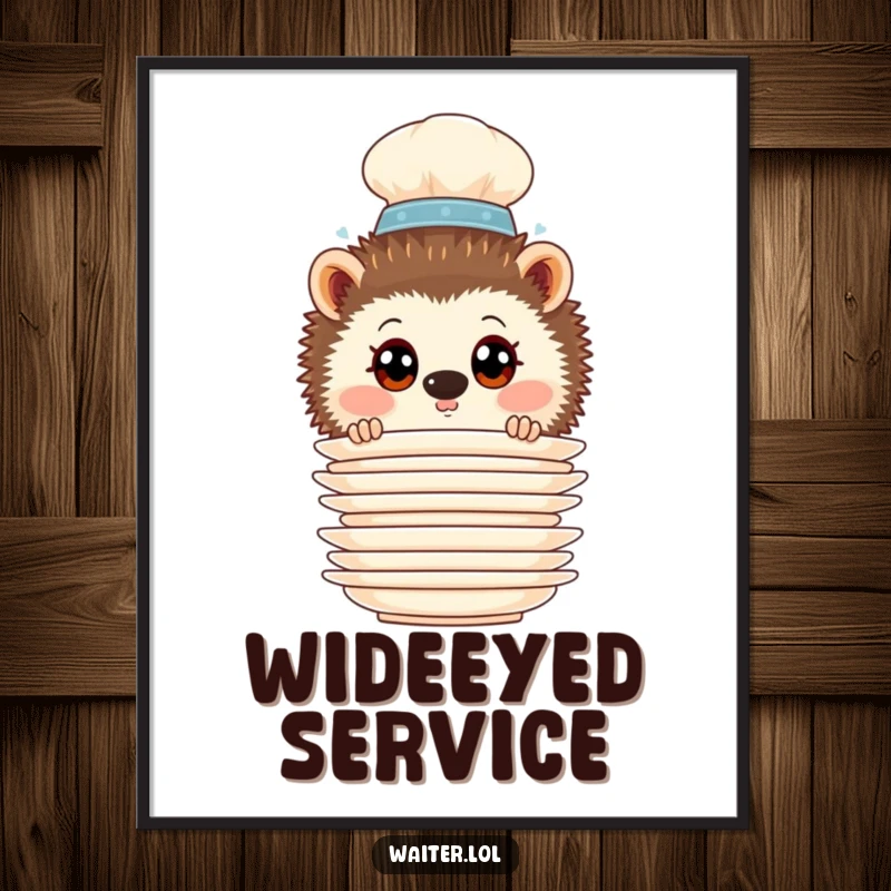 Funny Hedgehog Waiter Digital Art: Curious hedgehog waiter peering from behind a stack of plates illustration.