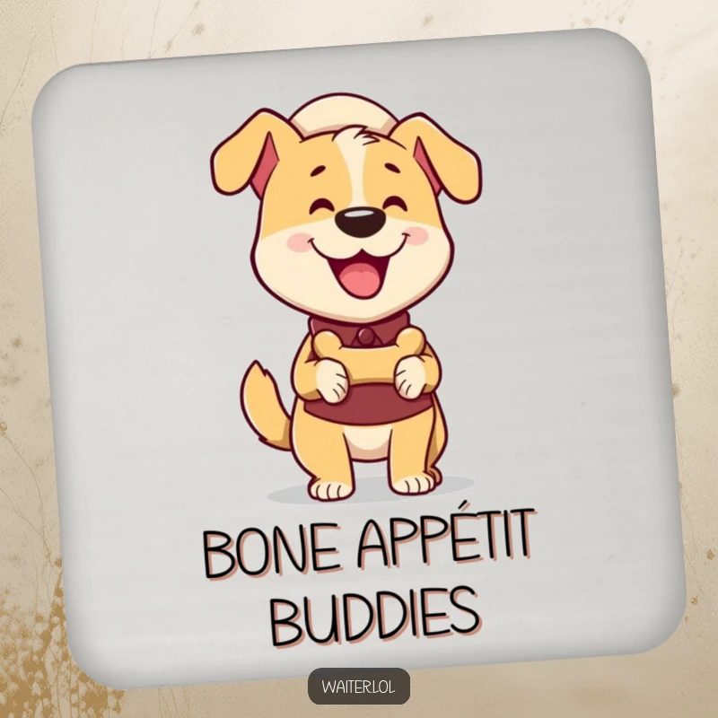 Funny Dog Waiter Coasters: Happy dog waiter wagging its tail delivering a bone treat, protecting surfaces with humor.