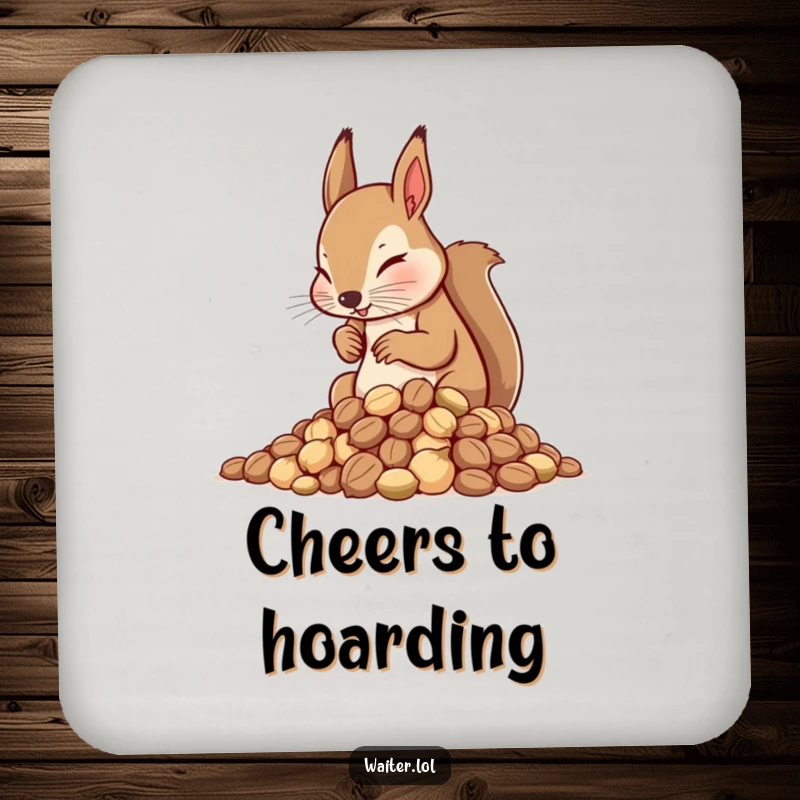 Funny Squirrel Waiter Coasters: Determined squirrel waiter arranging nuts, protecting surfaces with humorous focus.