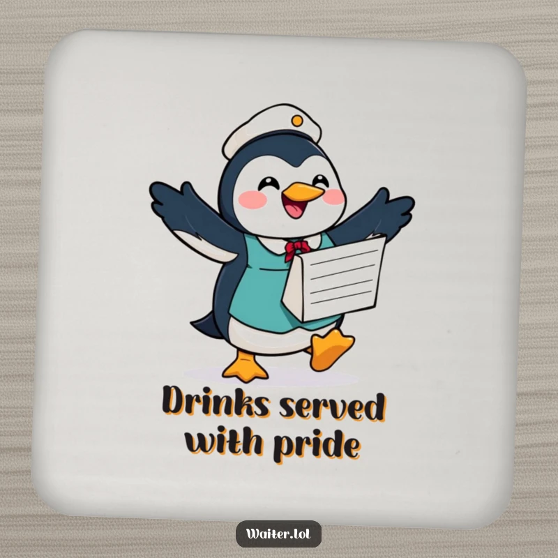 Funny drink coaster featuring a joyful penguin waiter waddling with a large order form, offering protection with a hopeful smile.