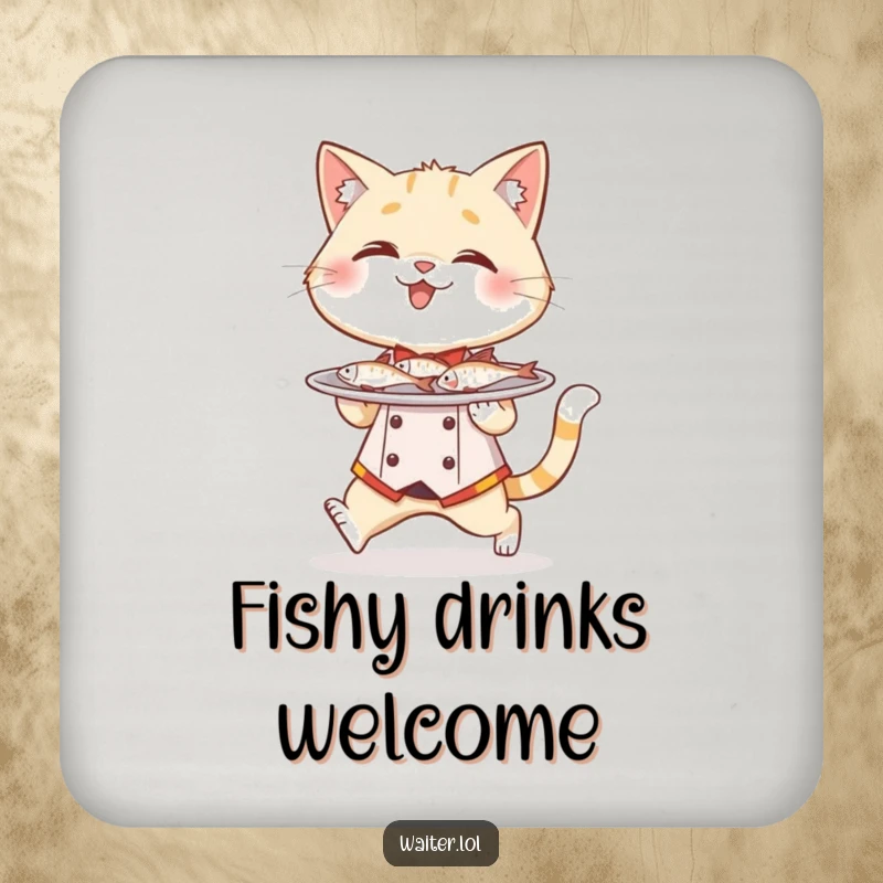 Funny cat waiter coaster, a giggling cat in a waiter outfit tiptoes carefully with a plate full of miniature fish.