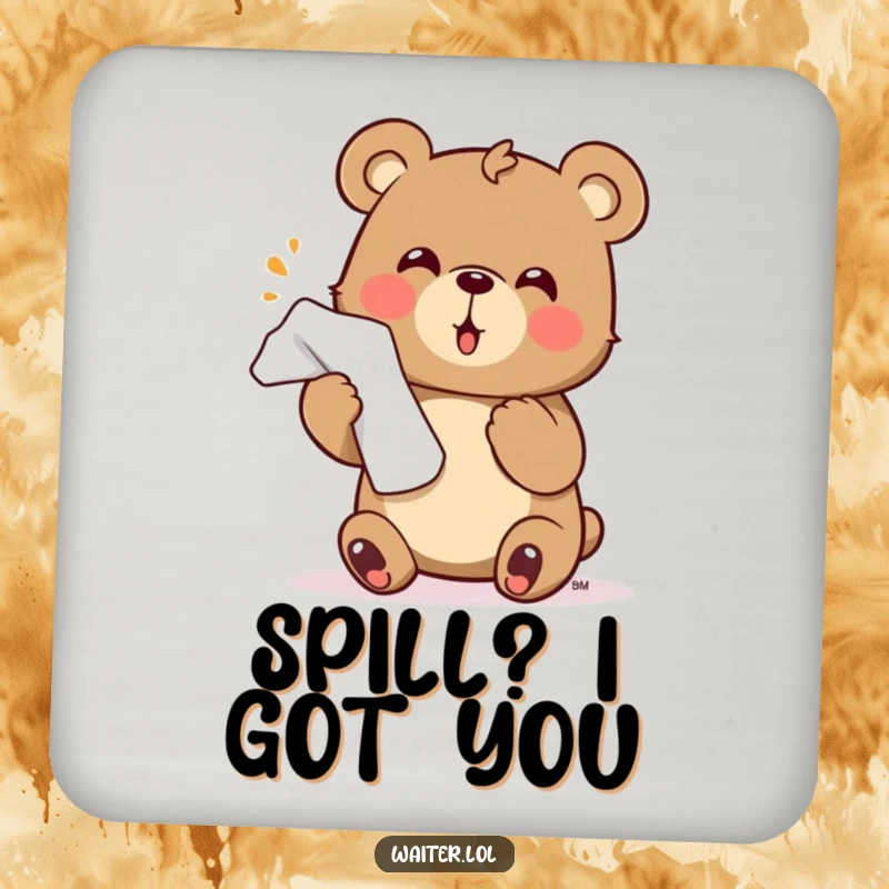 Funny bear coaster featuring a cute character enthusiastically offering a napkin with a flourish, a small but welcoming humorous accessory.