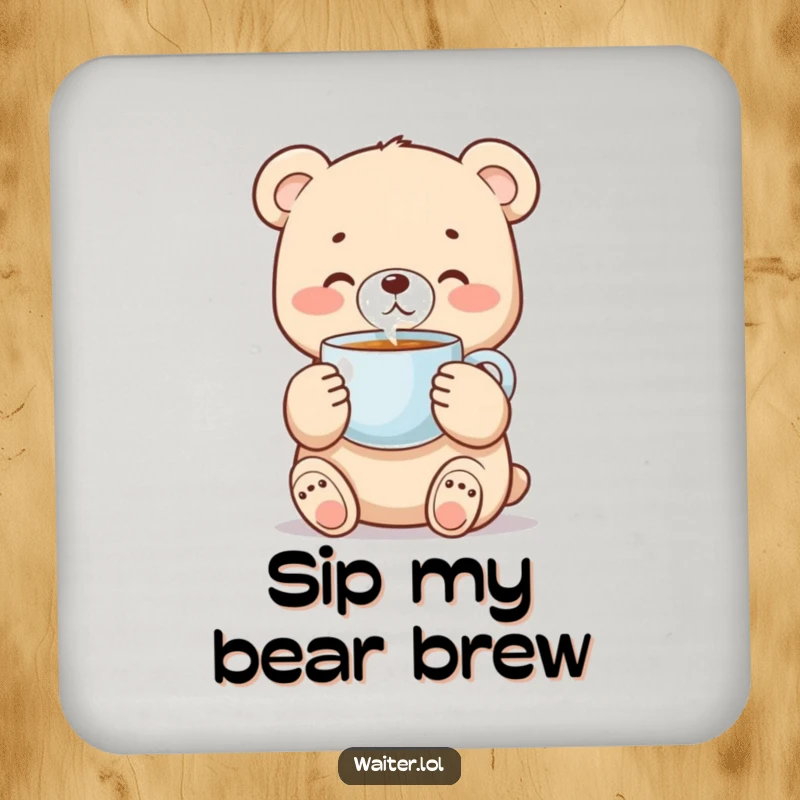 Funny bear cub coaster featuring a sweet cub carefully holding a steaming coffee cup, protecting tables in style.