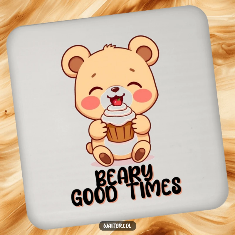 Funny bear cub coaster featuring a delighted cartoon bear presenting a perfect cupcake with a beaming smile, protecting surfaces charmingly.
