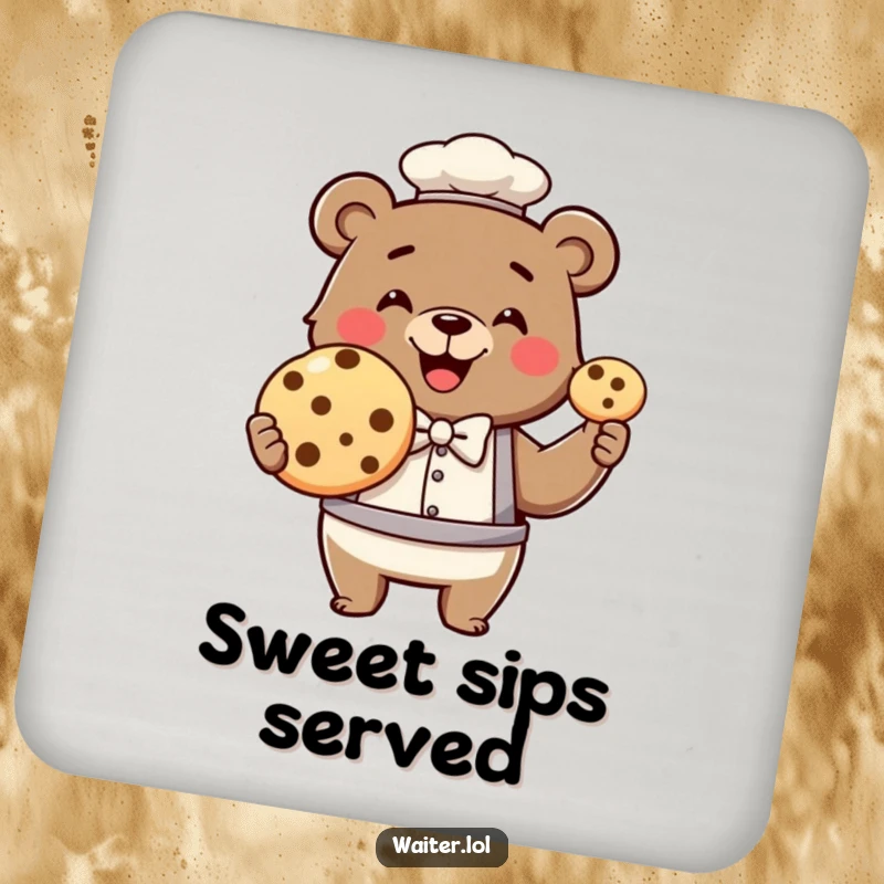 Funny bear waiter coaster, a smiling bear in a bowtie proudly presents a single, giant cookie for protection.