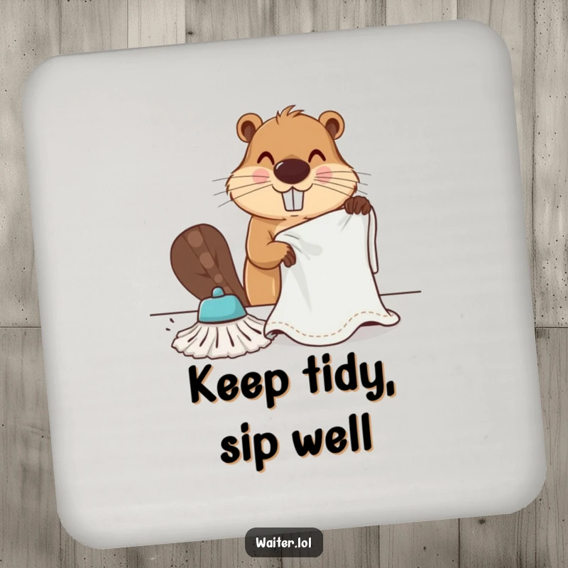 Funny determined beaver vigorously wiping a table with a large cloth on a drink coaster, offering humorous industrious protection.