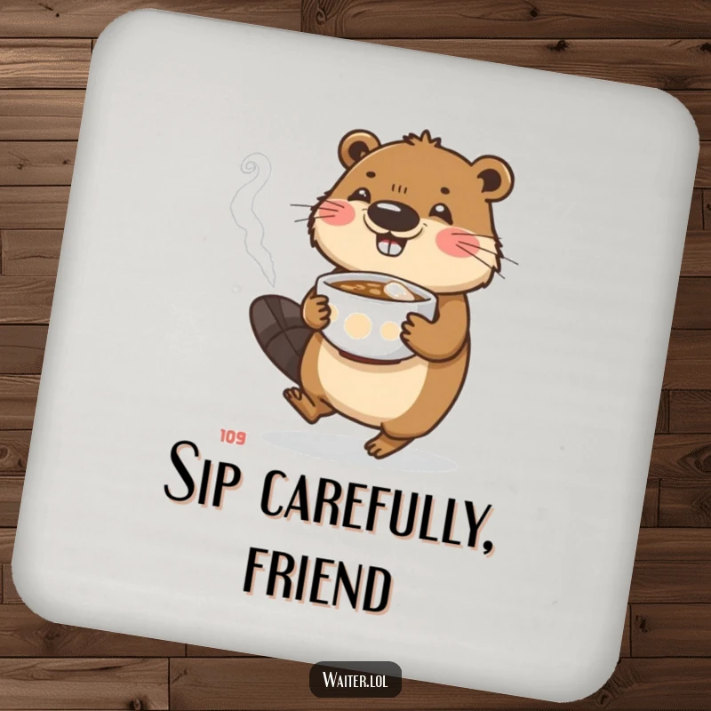 Funny beaver coaster featuring a busy character carefully carrying a steaming bowl, a small but dedicated humorous accessory.