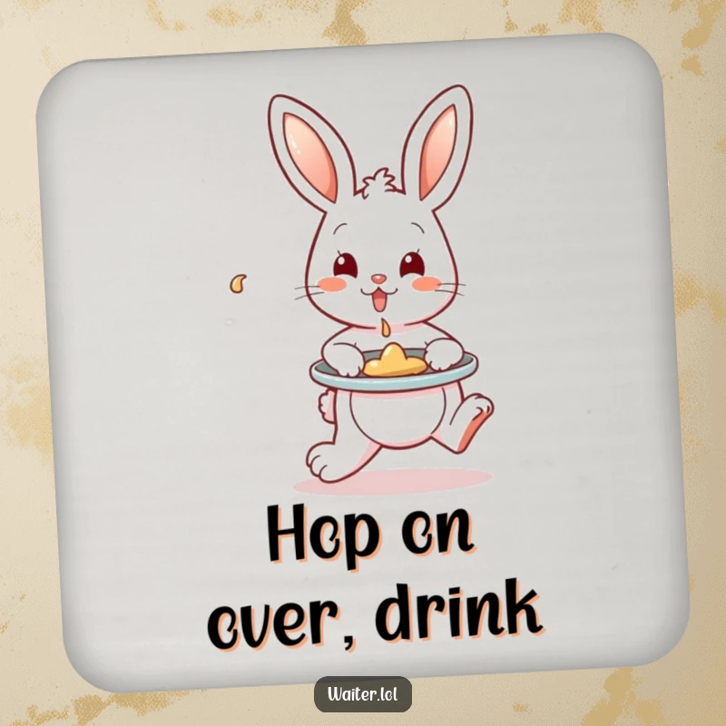 Funny Drink Coaster depicting a playful bunny hopping with a tray, artfully containing a single spill, providing surface protection with humor.