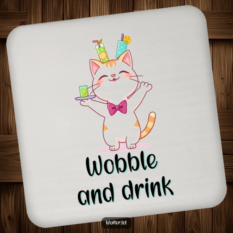Funny drink coaster set featuring a cheerful cartoon cat in a bowtie, happily wobbling a towering tray of drinks.