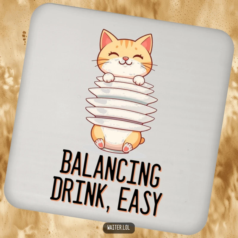 Funny cheerful cat balancing a huge stack of plates precariously on drink coasters, adding humor to tables, a funny gift.