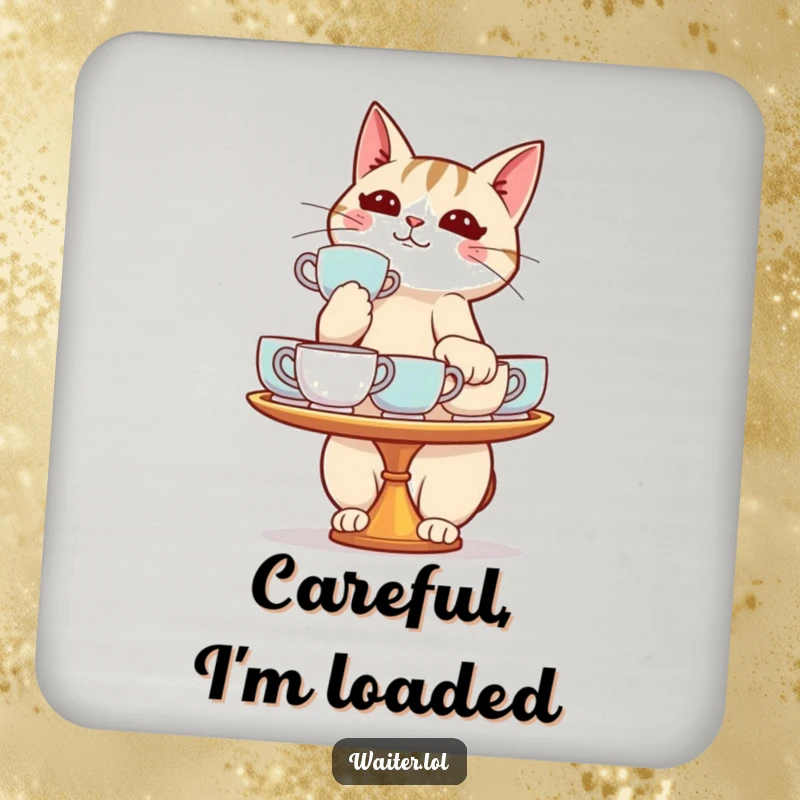Funny cat coasters depicting a determined cat balancing a tray of teacups, protecting furniture with playful charm.