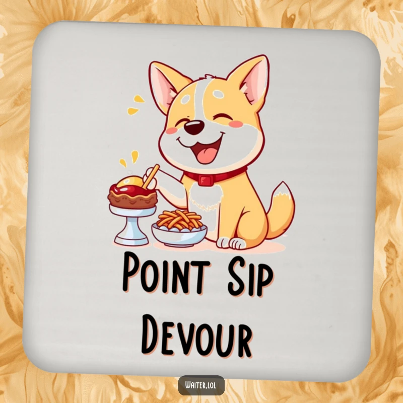 Funny Dog Menu Coaster: A happy dog enthusiastically points to a delicious menu item, protecting surfaces with joy.