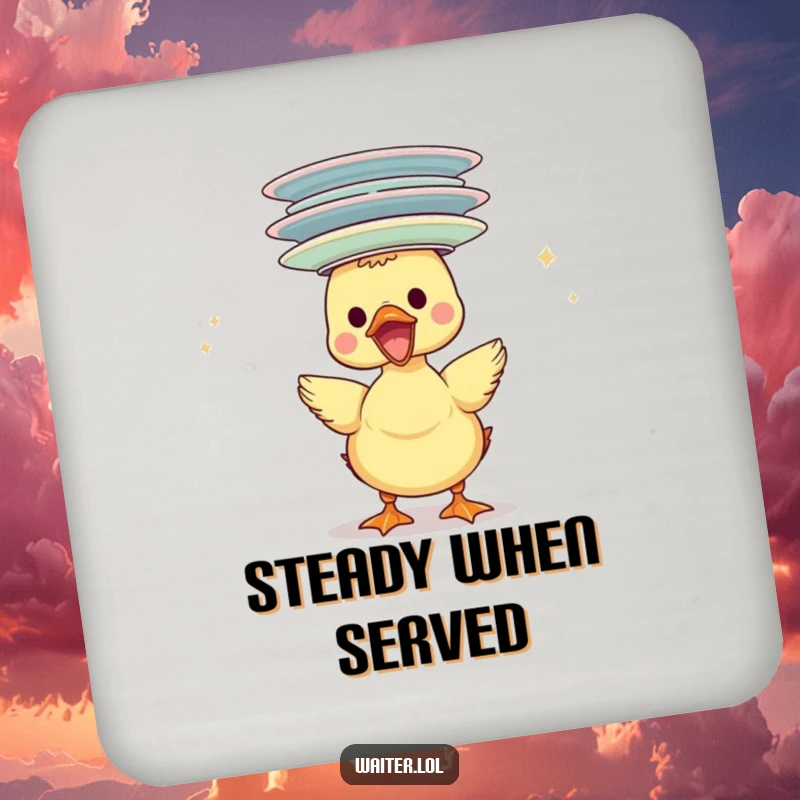 Funny duckling coaster gleefully balancing a stack of plates on its head, providing surface protection with humor.