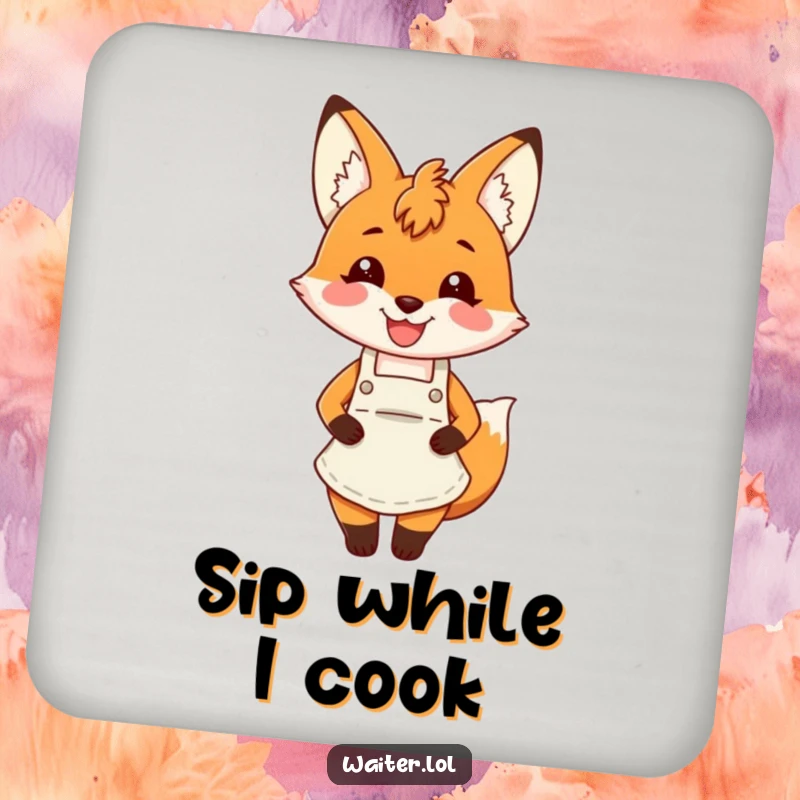 Funny fox apron coaster with a charming fox wearing an apron and smiling broadly, protecting surfaces stylishly.
